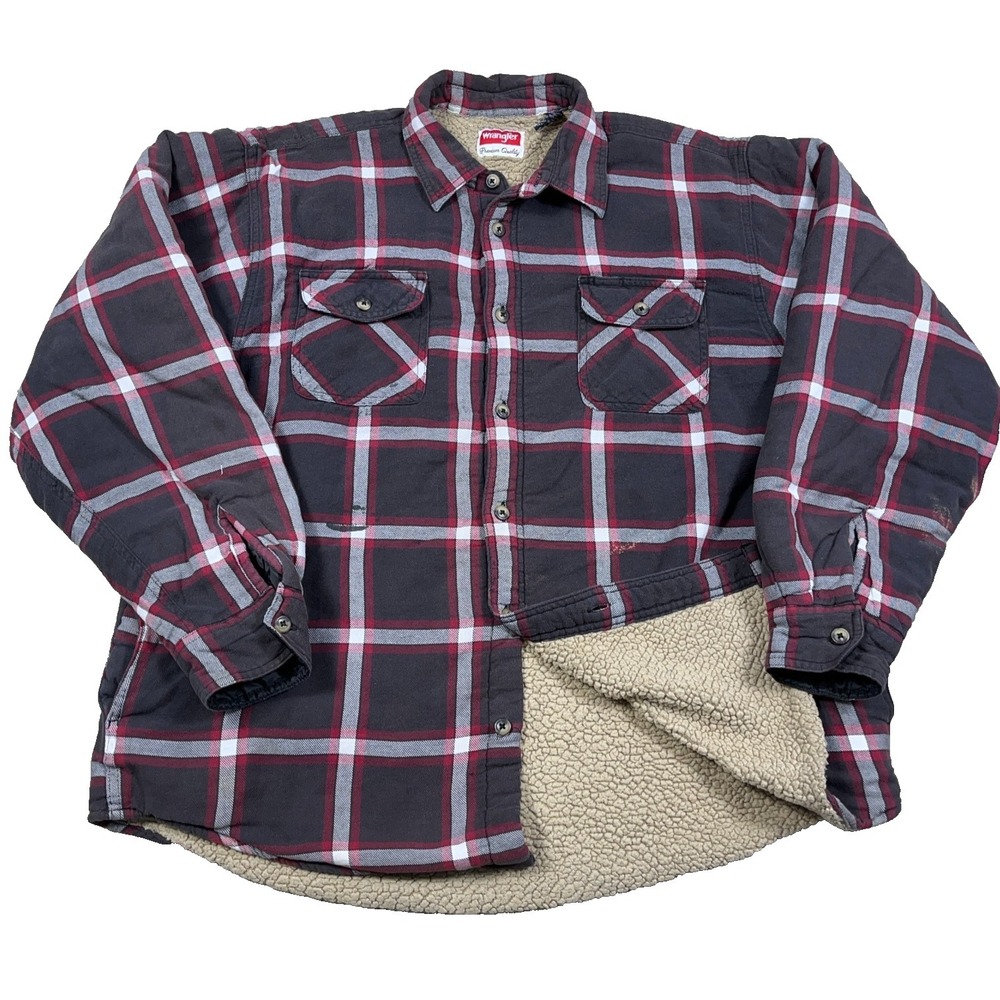Wrangler Shacket Men XL Gray Red Plaid Sherpa Lined Flannel Shirt Jacket STAINS